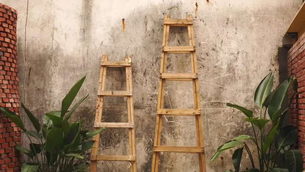 Two antique wooden ladders adjacent to one other.