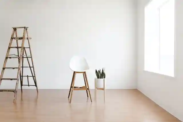 A twin-step ladder made of wood, a chair, and a plant, all in an otherwise empty room.