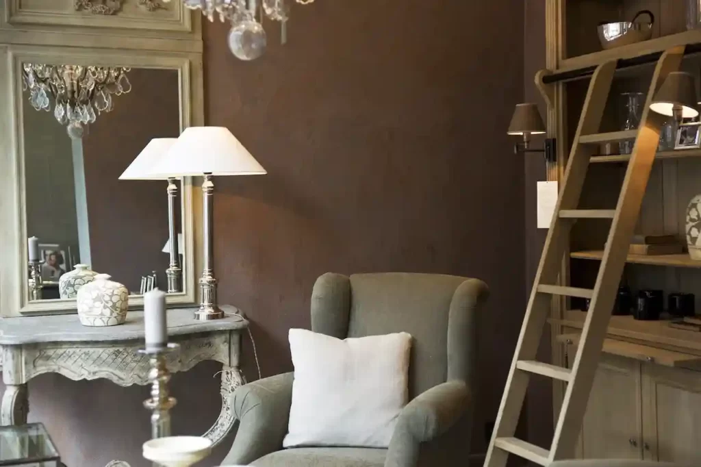 A library ladder in a living room.